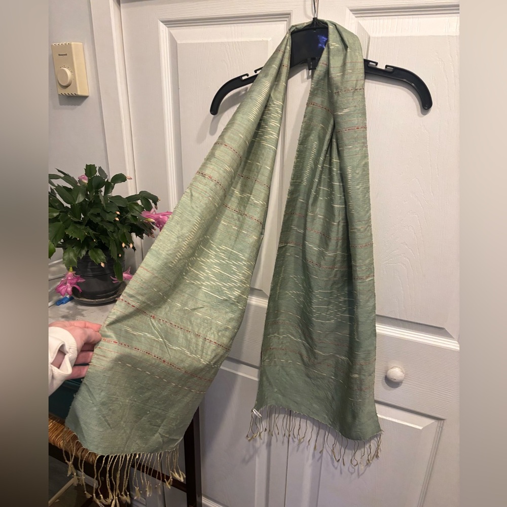 Green Silk Scarf With Gold and Red Accents Handmade in Lao PDR